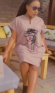 Light-pink mini dress with short sleeves and rose line-art print, loose fit.