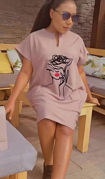 Light-pink mini dress with short sleeves and rose line-art print, loose fit.