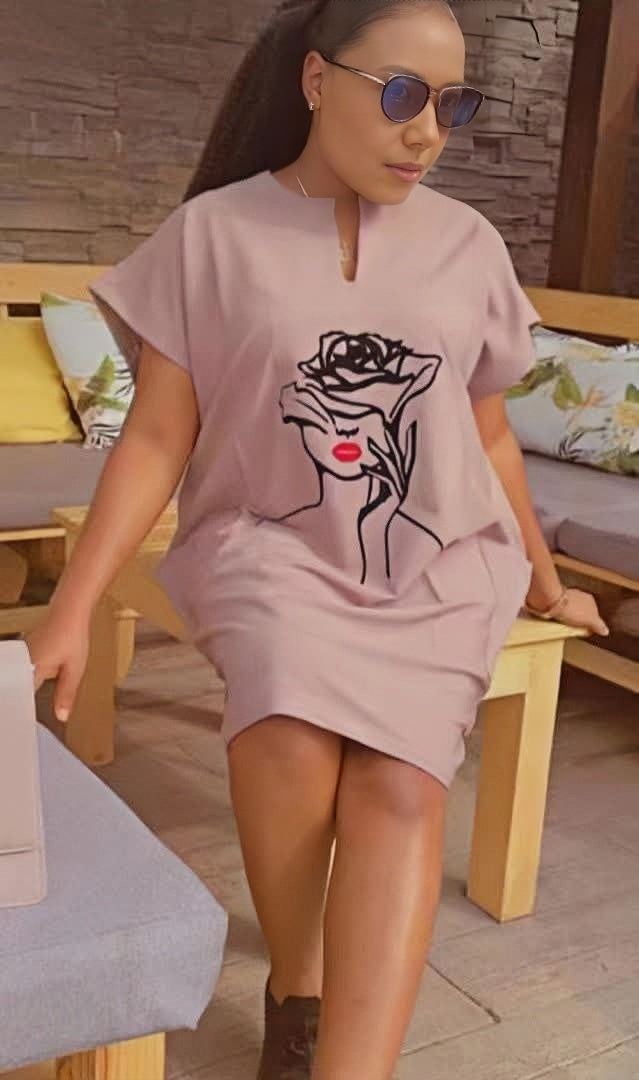 Light-pink mini dress with short sleeves and rose line-art print, loose fit.