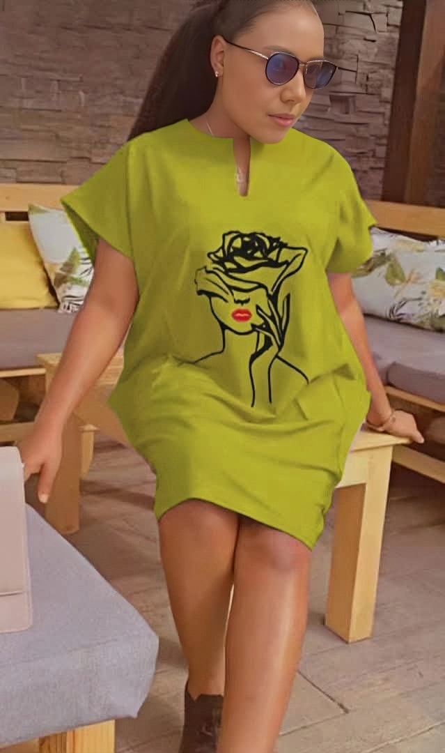Green-yellow mini dress with short sleeves and rose line-art print, loose fit.