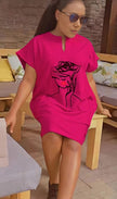 Deep-pink mini dress with short sleeves and rose line-art graphic, loose fit.