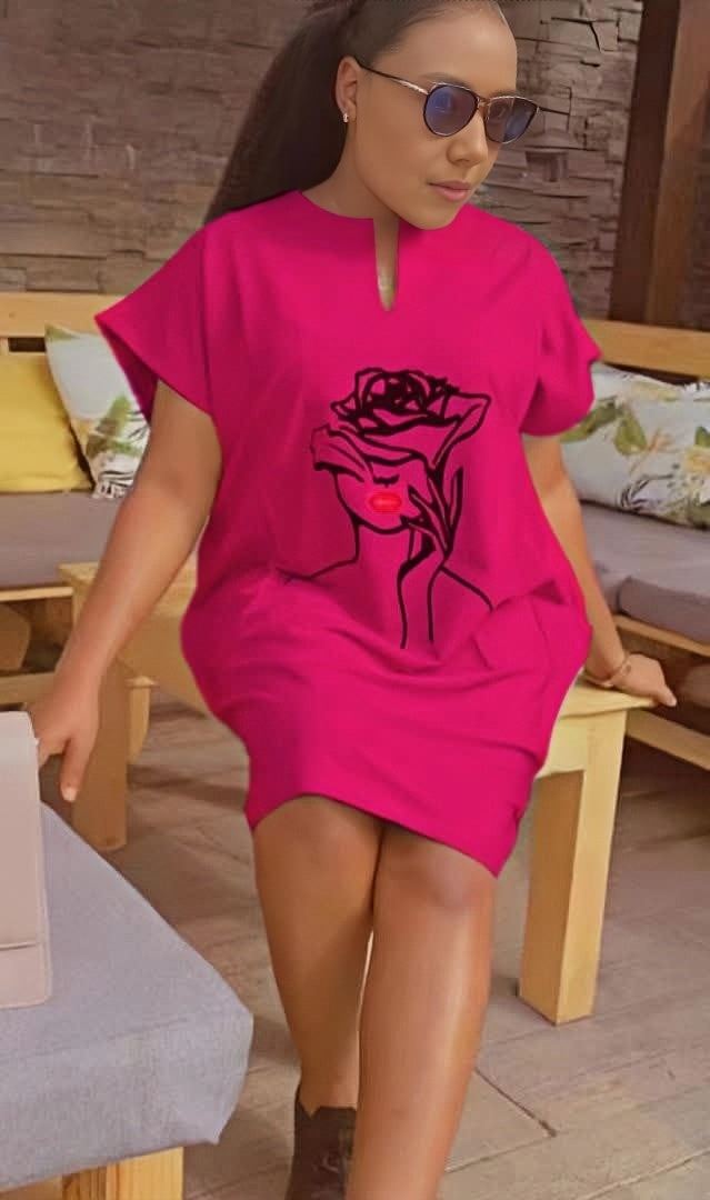 Deep-pink mini dress with short sleeves and rose line-art graphic, loose fit.