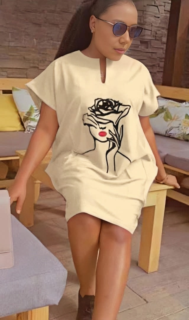 Cream mini dress with short sleeves and rose line-art print at chest, loose fit.