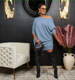 Sky-blue off-shoulder knit dress with loose fit, three-quarter sleeves, slouchy neckline