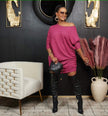 Hot-pink off-shoulder knit dress with loose fit, three-quarter sleeves, curved neckline