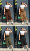 High-waist midi skirt with stretch waistband and drawstring ties, medium-length A-line