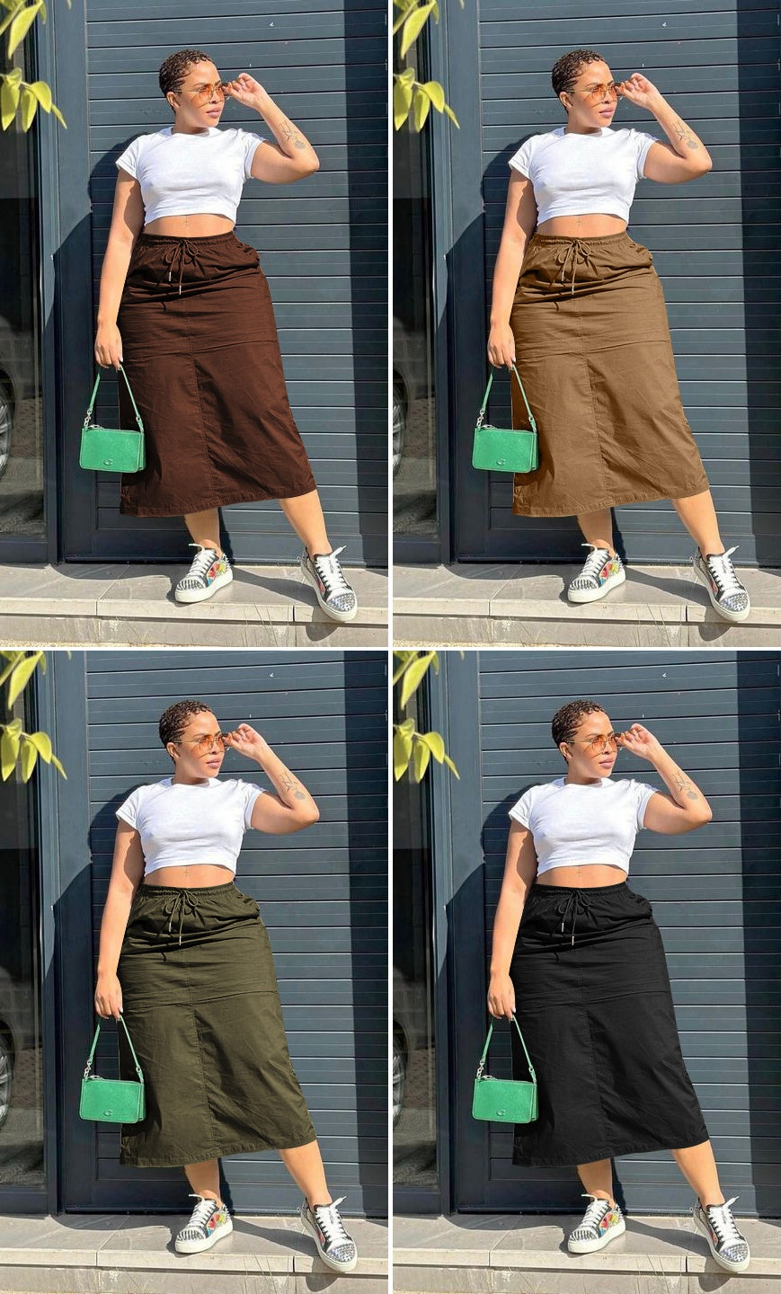 High-waist midi skirt with stretch waistband and drawstring ties, medium-length A-line