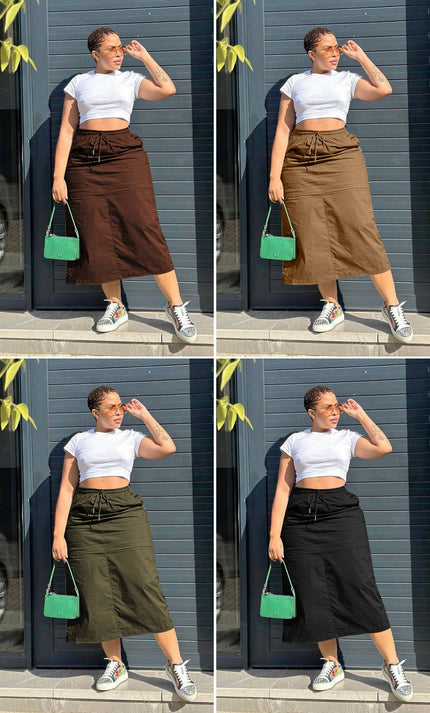 High-waist midi skirt with stretch waistband, brown, side pockets