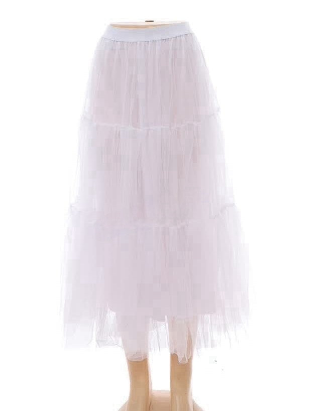 White layered tulle midi skirt with soft tiered hem and elastic waistband