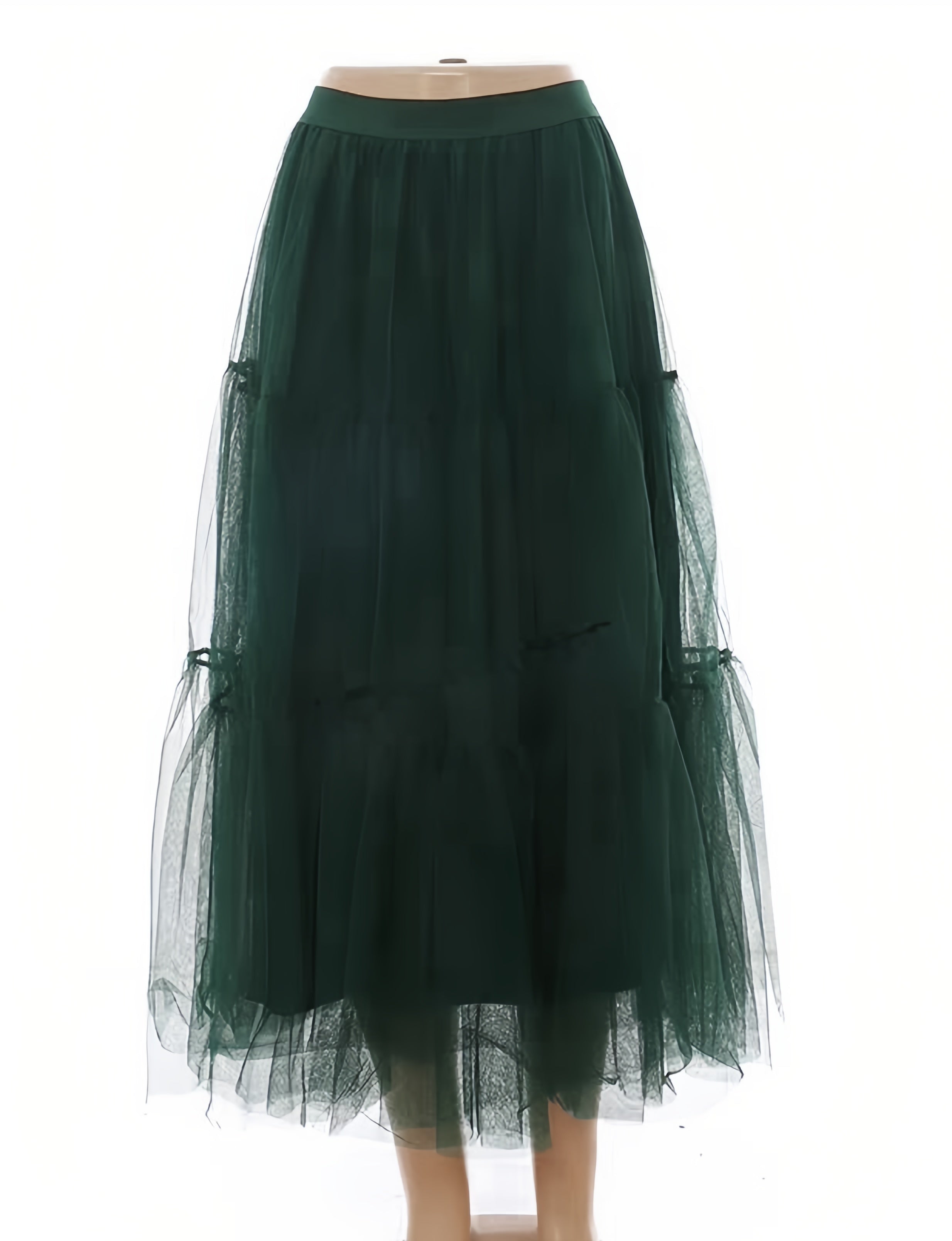Dark-green layered tulle midi skirt with tiered skirt layers and elastic waist