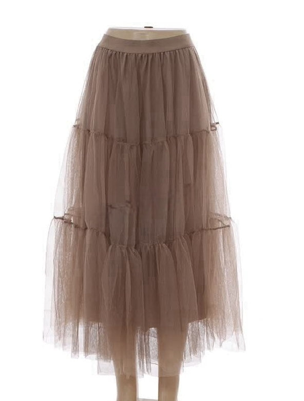 Khaki layered tulle midi skirt with tiered ruffle layers and elastic waistband