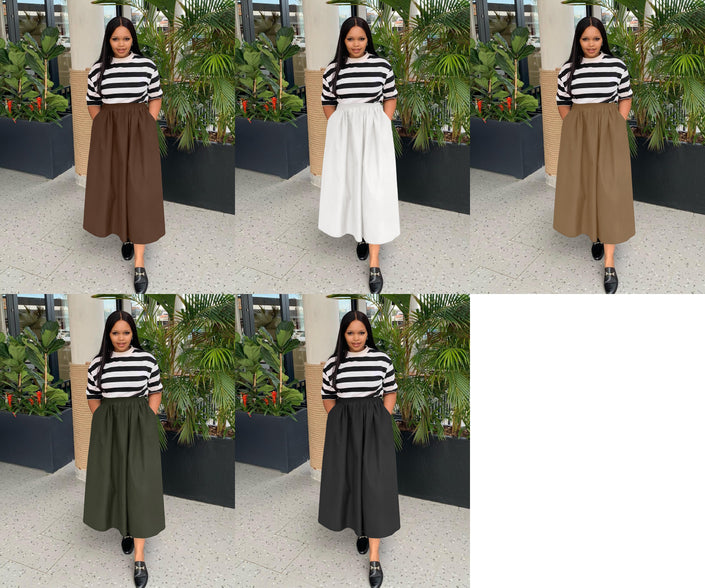High-waist midi skirt in dark brown with full A-line drape