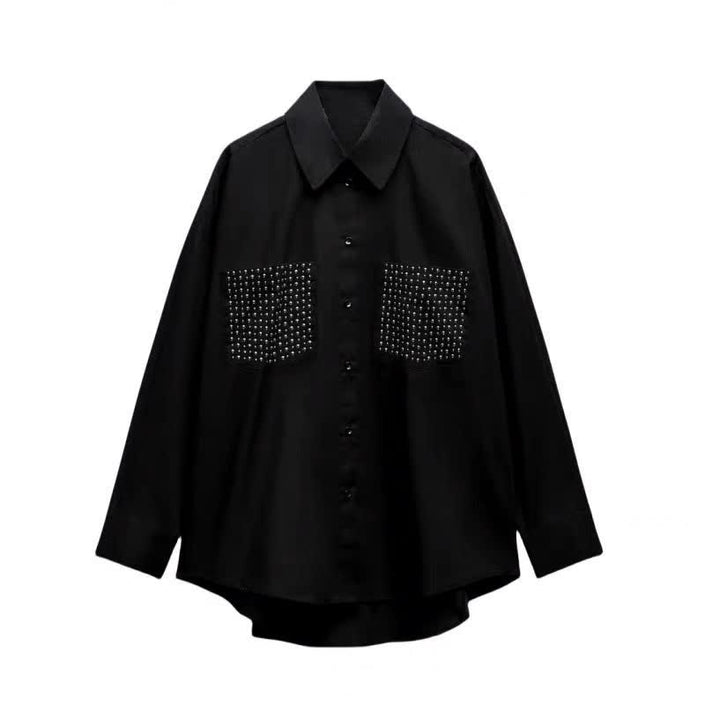Black studded pocket shirt, oversized button-up blouse