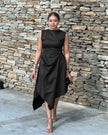 Sleeveless asym hem midi dress, black with draped front and side-split skirt