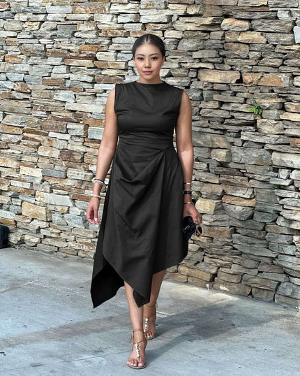 Sleeveless asym hem midi dress, black with draped front and side-split skirt