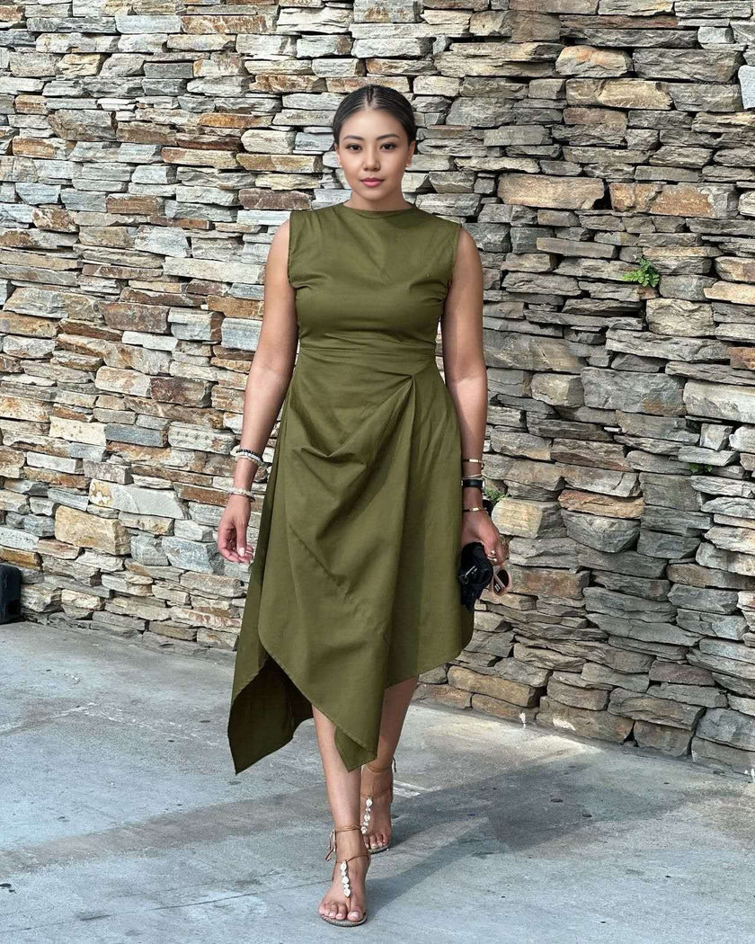 Sleeveless asym hem midi dress, olive green with draped front and fitted bodice