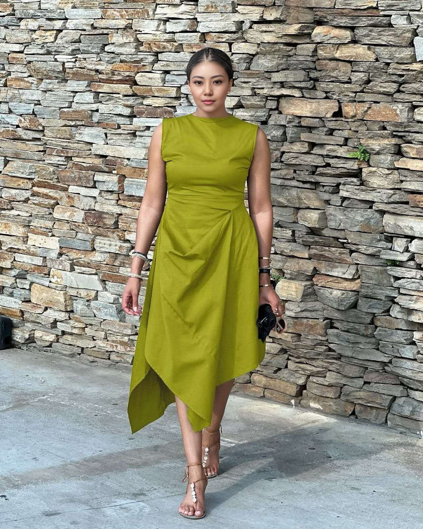 Sleeveless asym hem midi dress, yellow-green with gathered waist and draped uneven hem