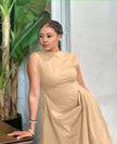 Sleeveless asym hem midi dress, tan with draped waist and flowing uneven skirt