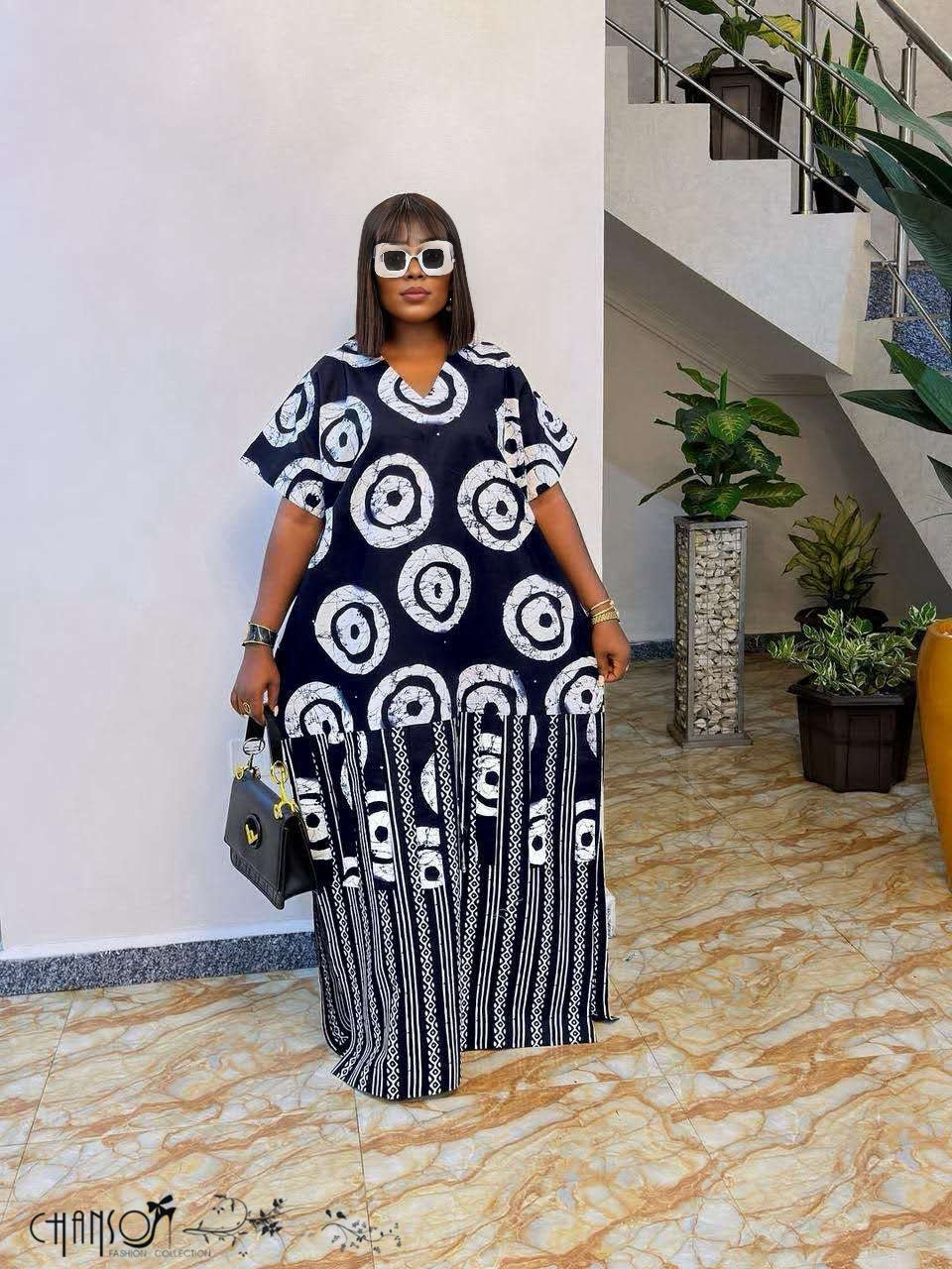 Oversized Maxi Kaftan Dress V Neck Circle Stripe Print Daily Outing Wear