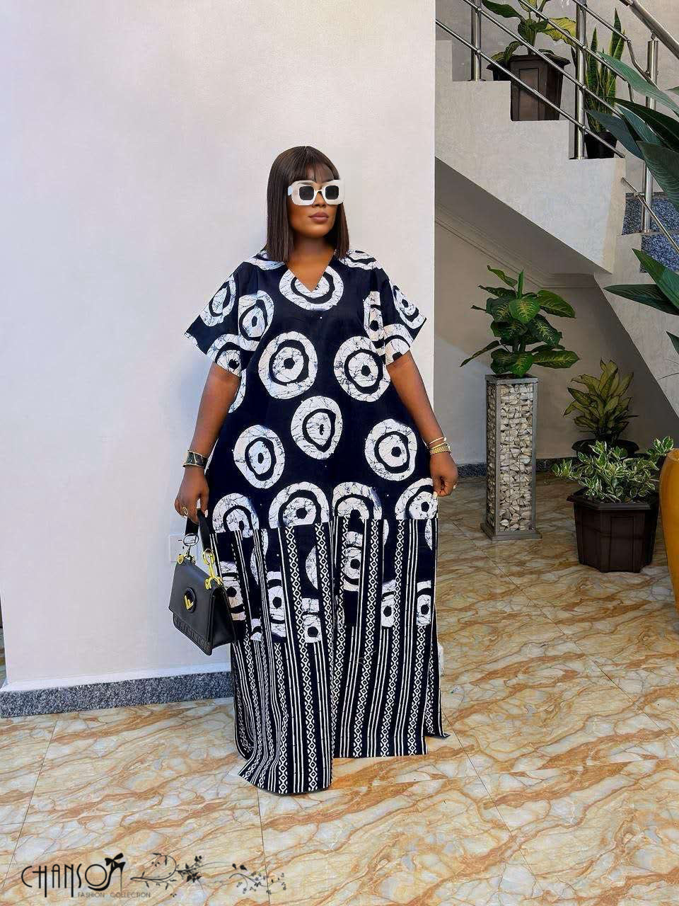 Oversized Maxi Kaftan Dress V Neck Circle Stripe Print Daily Outing Wear