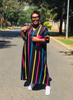 Plus size multicolour striped V-neck maxi dress, loose fit, dark base