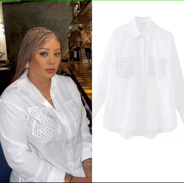 White studded pocket shirt, loose button-up blouse with gem-like inset