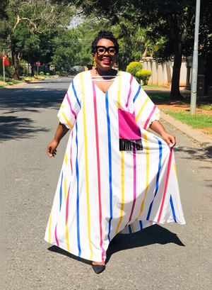 Plus size multicolour striped V-neck maxi dress with loose fit, ankle-length