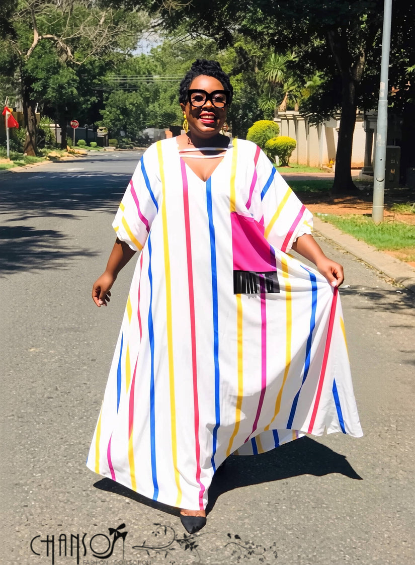 Women's plus size multicolour vertical stripe loose maxi dress