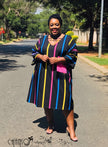 Midi dress with bold vertical multicolor stripes, V-neck and three-quarter sleeves