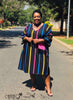 Midi dress with bold vertical multicolor stripes, V-neck and three-quarter sleeves