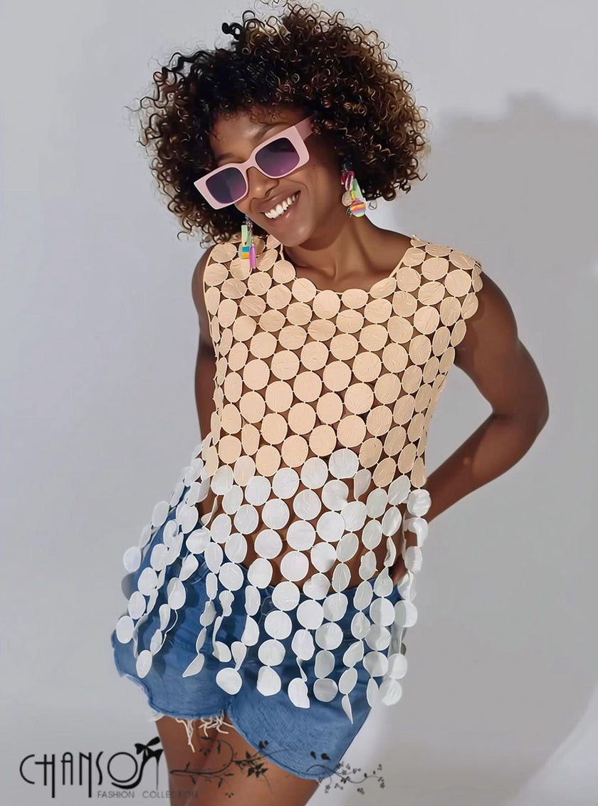 Sleeveless Cover Up Top Circular Fringe Cutout Round Neck For Party Vacation