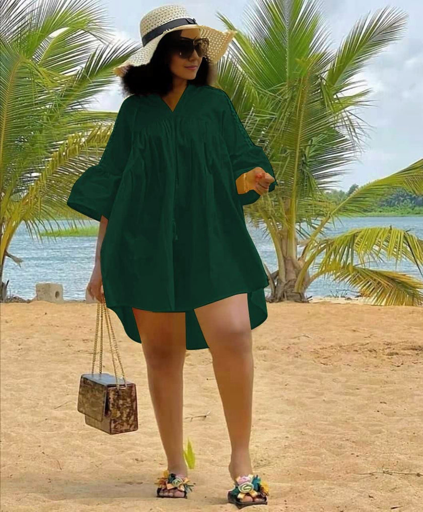 Plus size mini dress: dark green relaxed fit, V-neck with gathered yoke