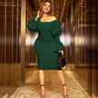Dark green off-shoulder evening dress with puff sleeves, fitted midi bodycon