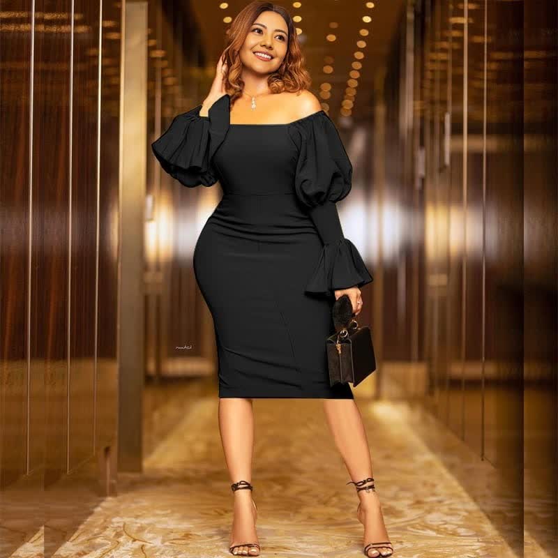 Black off-shoulder evening dress with puff sleeves, fitted midi bodycon