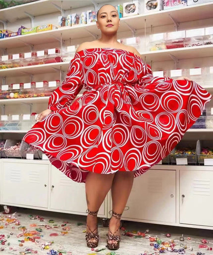 Red off-shoulder puff sleeve midi dress with white circular print