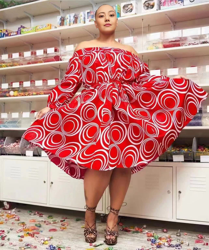 Red off-shoulder puff sleeve midi dress with white circular print