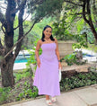 Lavender midi dress with spaghetti straps and adjustable drawstring waist