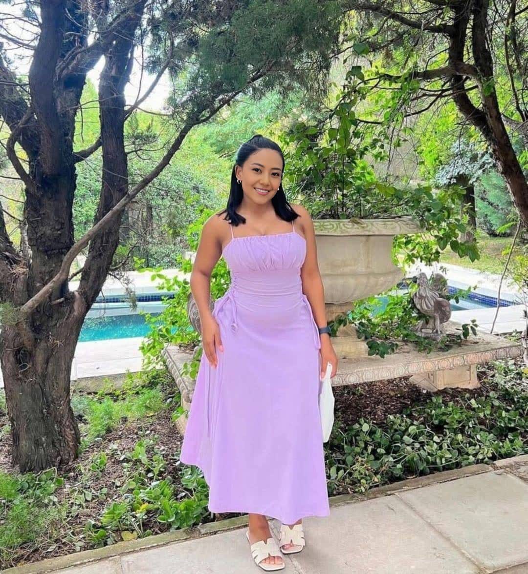 Lavender midi dress with spaghetti straps and adjustable drawstring waist