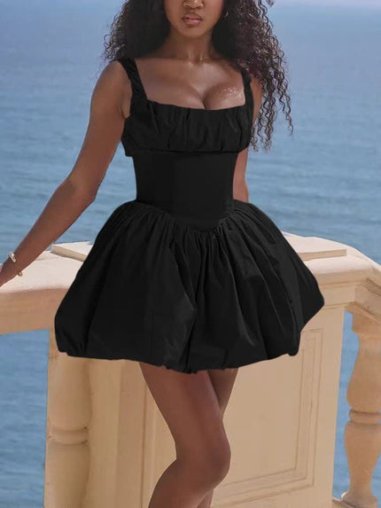 Black ruffle strap mini dress with square neckline and gathered A-line skirt