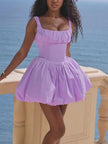 Light-purple ruffle strap mini dress with square neckline and gathered A-line skirt