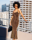 Brown/gold spaghetti-strap maxi bodycon dress, sleeveless slim knit