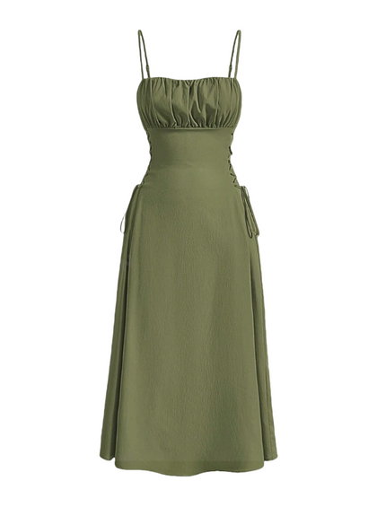 Olive midi dress with spaghetti straps, ruched bust, and adjustable drawstring waist