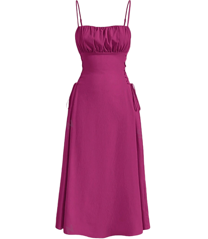 Maroon midi dress with spaghetti straps, ruched bodice, and drawstring waist ties