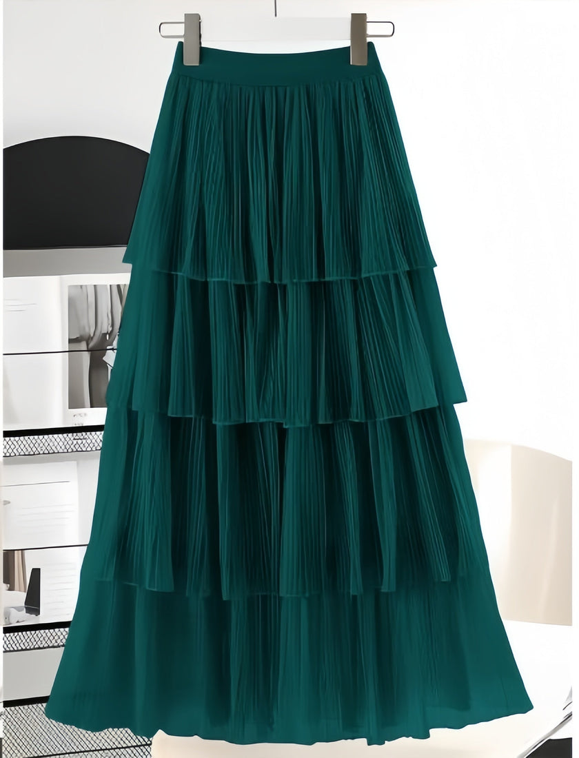Dark-green layered pleated skirt with stretch waistband and tiered ruffle tiers