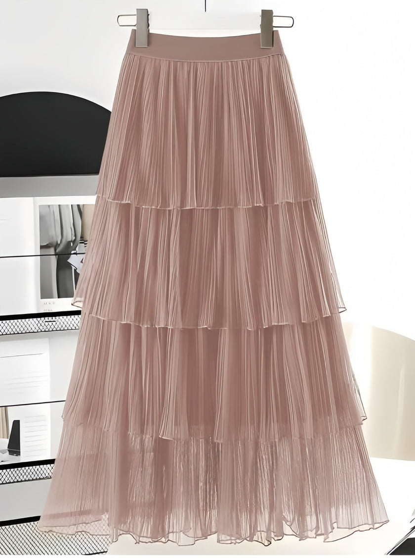 Peach layered pleated skirt with elastic stretch waistband, tiered ruffles