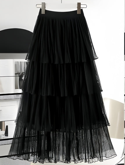 Black layered pleated skirt with stretch waistband and sheer tiered ruffle layers