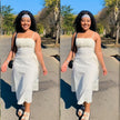 White midi dress with spaghetti straps and adjustable drawstring waist