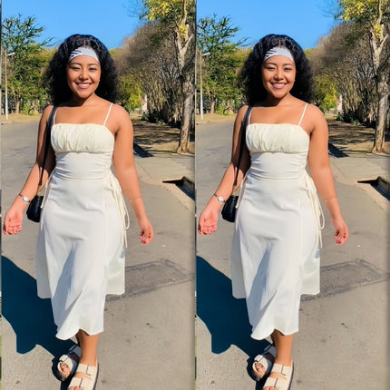 White midi dress with spaghetti straps and adjustable drawstring waist