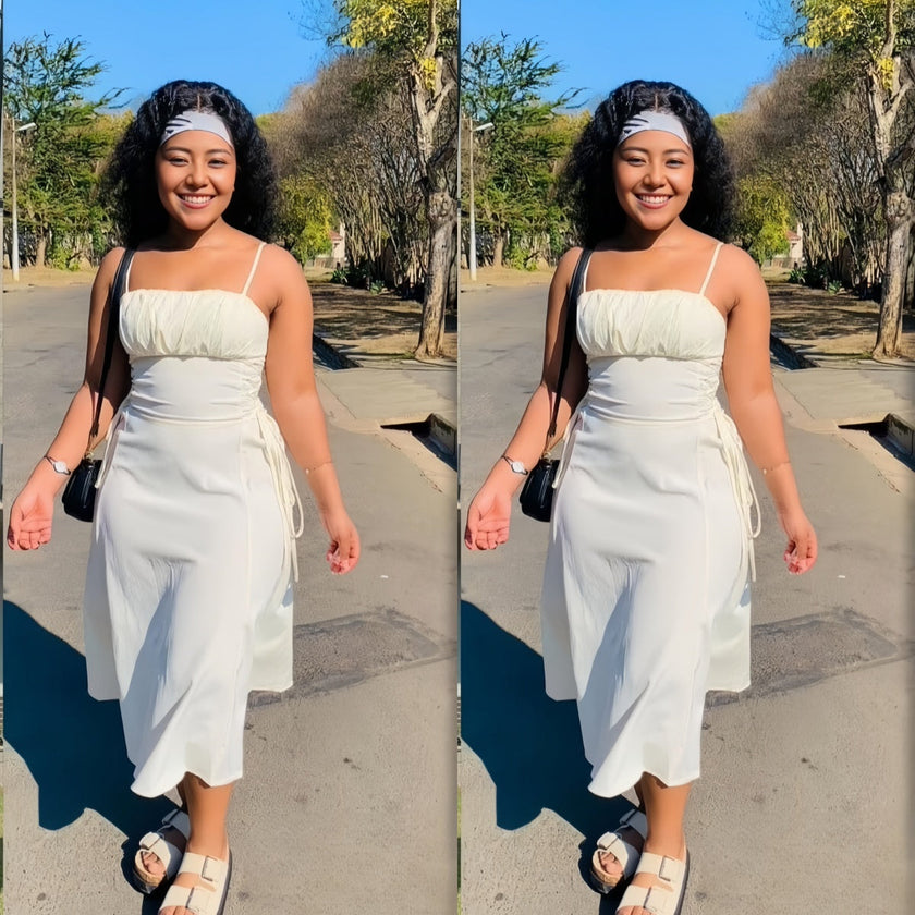 White midi dress with spaghetti straps and adjustable drawstring waist