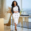 Dotted Long-Sleeve Knee-Length Dress with Fitted Silhouette and Button Accents